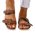 thumbnail image 2 of Domuza Women's Genuine Leather Platform Sandals Cork Footbed Slip-on Sandals Summer Chunky Slides with Double Adjustable Buckle Casual Vacation Shoes Brown 5.5（EU-36）, 2 of 6