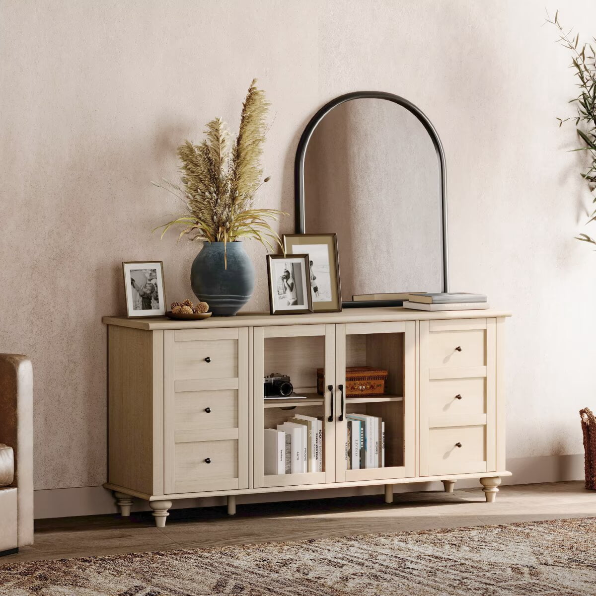 TV Stand with Glass Door for 65 Inch TV, Wooden Television Stands for Living Room, Beige