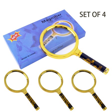 XXXXX (Set of 4) 90mm 10X Handheld Magnifier with Gloss Golden Dragon HIGH Resolution Great Gifts for Parents Seniors Kids Scientists EHD