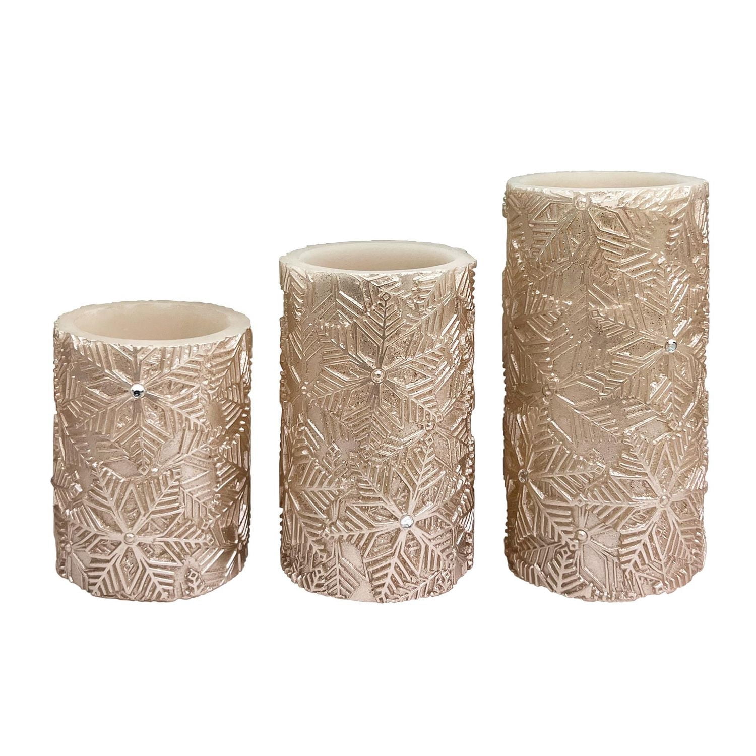 Hometrends Champagne Gold Snowflake LED Pillar Candle Set with Remote Control