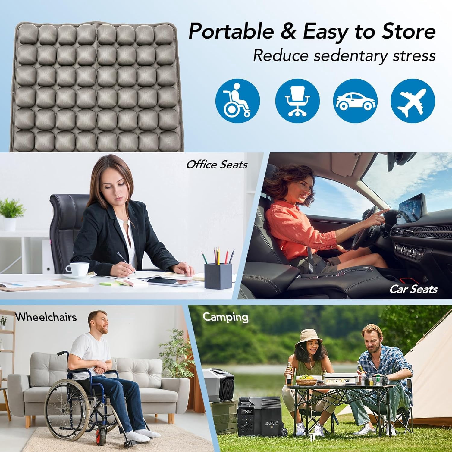 Air Inflatable Travel Seat Cushion, Portable Breathable Comfort Cushion, 56 Air Bubble Design for Airplane, Car, Office Chairs & Home Living – Lightweight & Ergonomic Support,18” x 16” (Black)