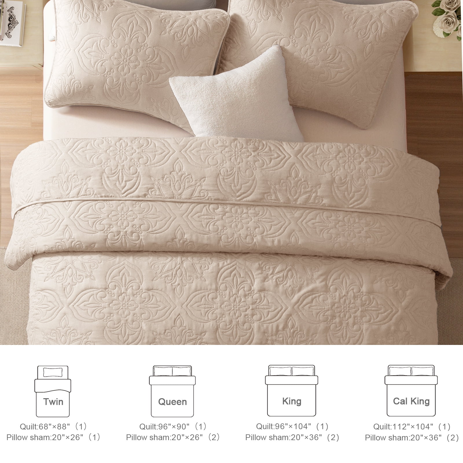 Whale Flotilla Soft King Quilt Bedding Set for All Seasons, Elegant Vintage Damask Ultrasonic Quilts Set, Lightweight Reversible Bedspread, Coverlet, Bed Cover with 2 Pillow Shams, Brich Beige