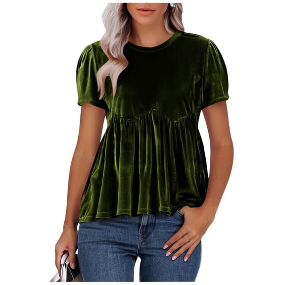 Womens Velvet Peplum Babydoll Tops Casual Crewneck Pleated Blouse Short Sleeve Flared Swing Pullover