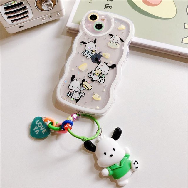 Sanrio kuromi-funda de teléfono de goma con llavero, cubierta transparente con adornos para Iphone 11, 12, 13, 14 Pro Max, X, Xs, Xr Plus Fivean unisex