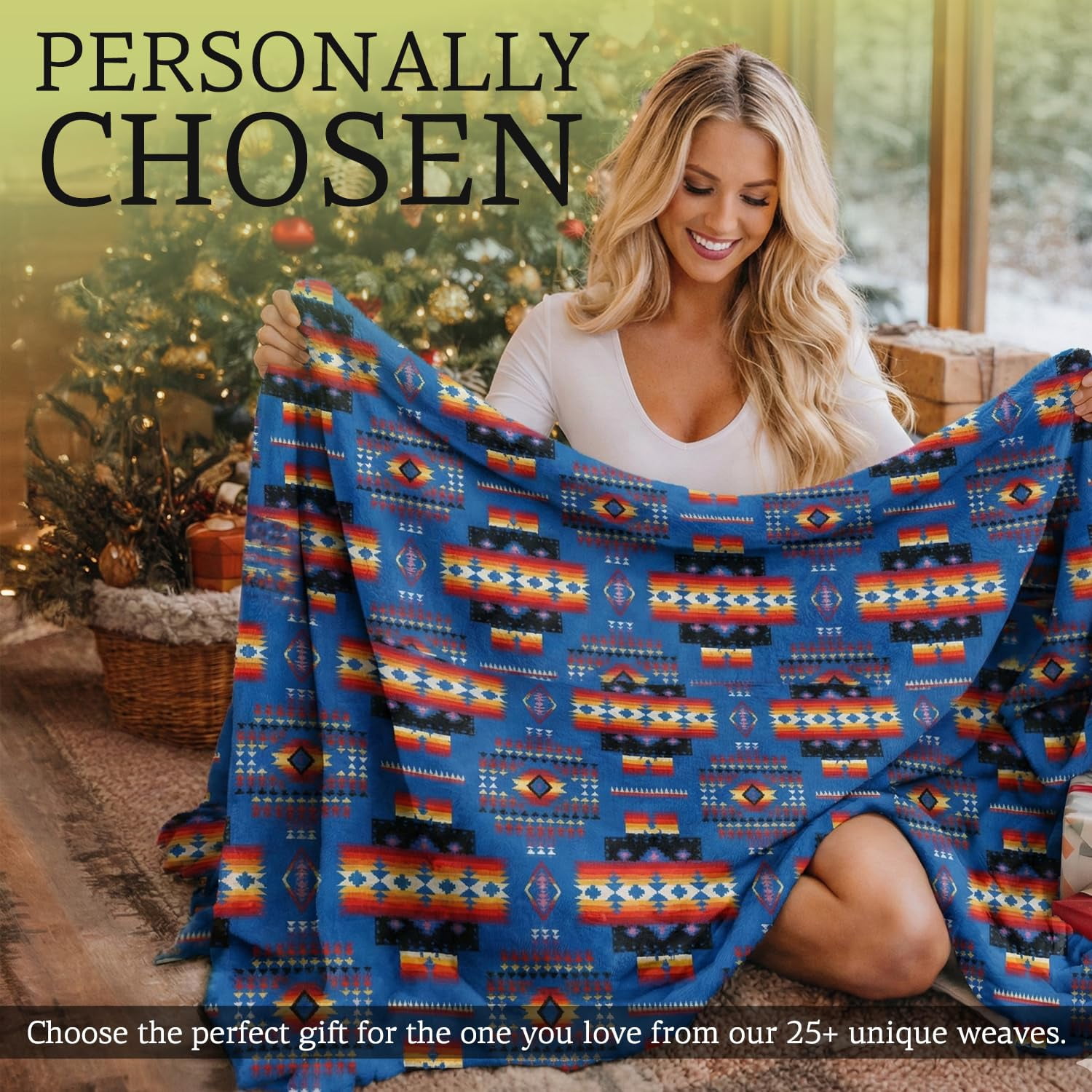 Sacred Thread Fleece Blanket South Western, Reversible Mexican, Vibrant Aztec Blankets and Throws for Aztec Decor for Home (Blue Flannel / Sherpa) (Queen (79''x95'')