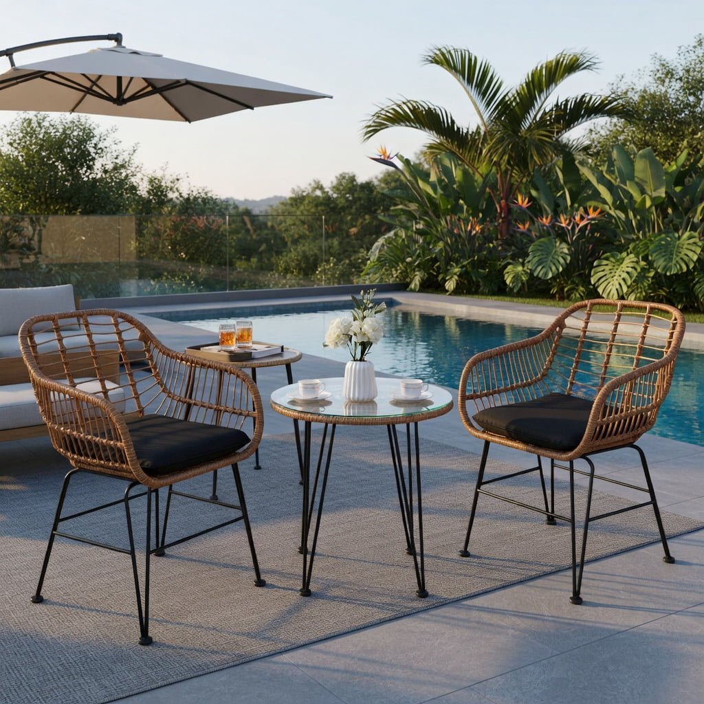 Hommoo 3-Piece Outdoor Rattan Furniture Set, 2 Armchairs + Coffee Table with Removable Cushions, Tempered Glass Top, Weather-Resistant Wicker & Steel Frame, Black