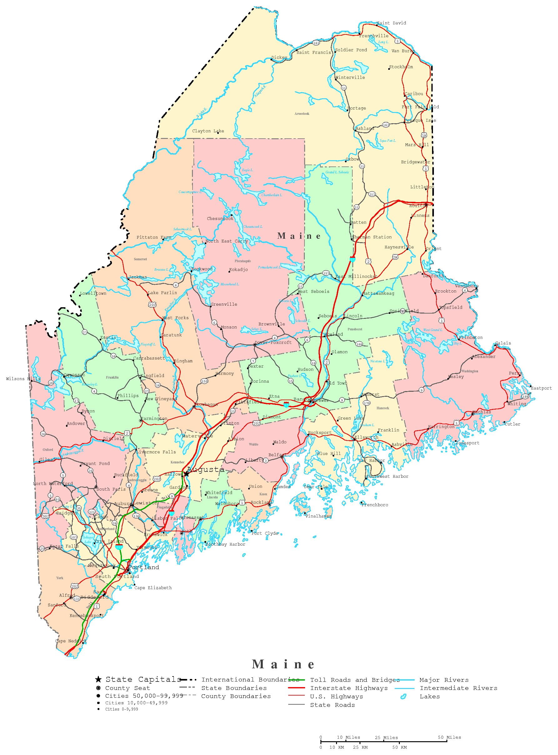 Laminated Map - Printable political Map of Maine Poster 20 x 30