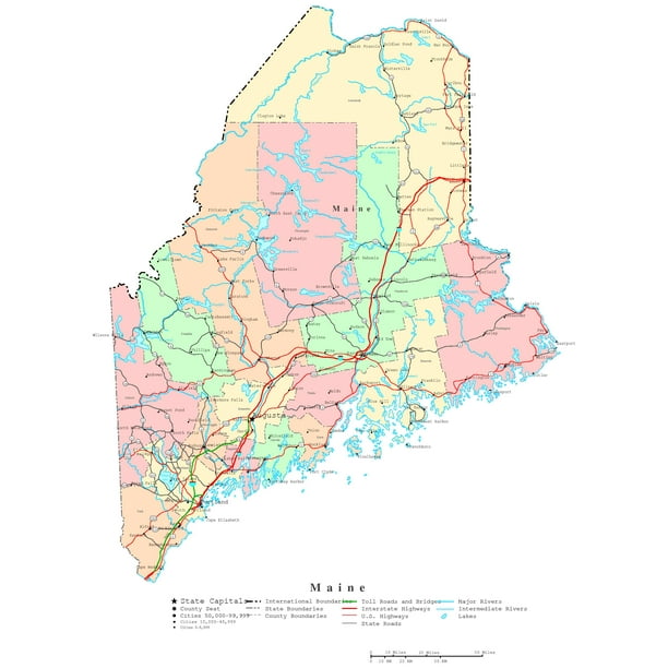 Laminated Map Printable political Map of Maine Poster 20 x 30