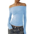 thumbnail image 5 of Long Sleeve Off Shoulder Top Women Elegant Pure Color Slim Fit Mesh Ruched T Shirt Blouse For Party, 5 of 5