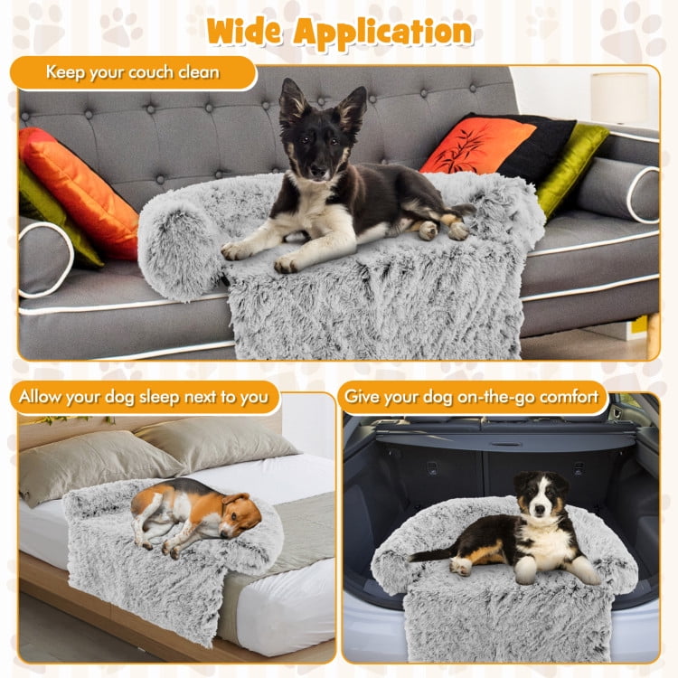 Kadyn 44" Plush Long Fur Dog Couch Bed, Dog Bed Mats with Anti-Slip Bottom, Washable Removable Couch Cover, Perfect for Small, Medium Dogs Cats, Gray-M
