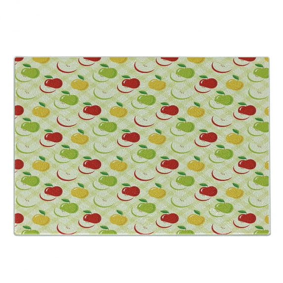 Fruits Cutting Board, Diagonal Checkered Pattern with Apples and Slices Retro Country Kitchen Theme, Decorative Tempered Glass Cutting and Serving Board, Small Size, Green Red Yellow, by Ambesonne