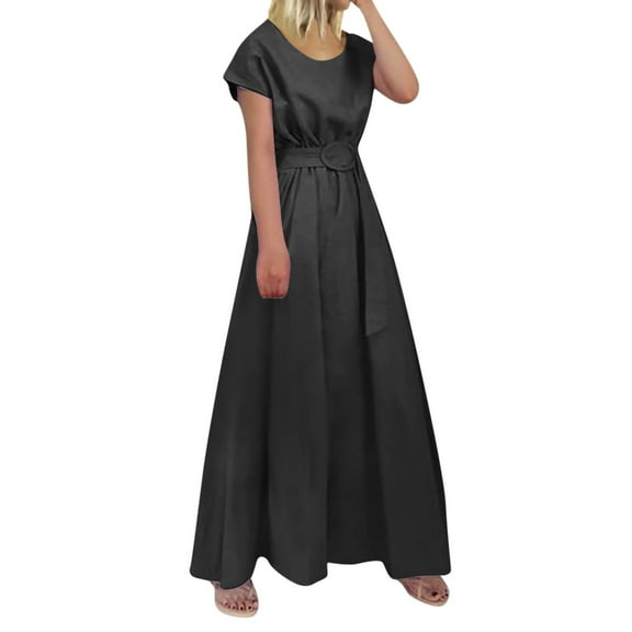 Sngxgn Women's Deep V Neck Short Sleeve Long Dresses Pleated High Waist Slit Maxi Dress(Black,M)