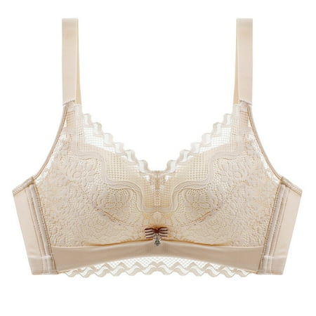 Ashirexll Bras for Women Sexy Lace Bra Push Up Breathable Comfortable No Rim Underwear Gathering Medium Thick Cup Small Bra Beige 34