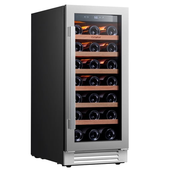 Ca'Lefort 15 inch Wine Fridge, 33 Bottle Single Zone Wine Cooler and Refrigerator with Stainless Steel Glass Door for Home, Built-in & Freestanding