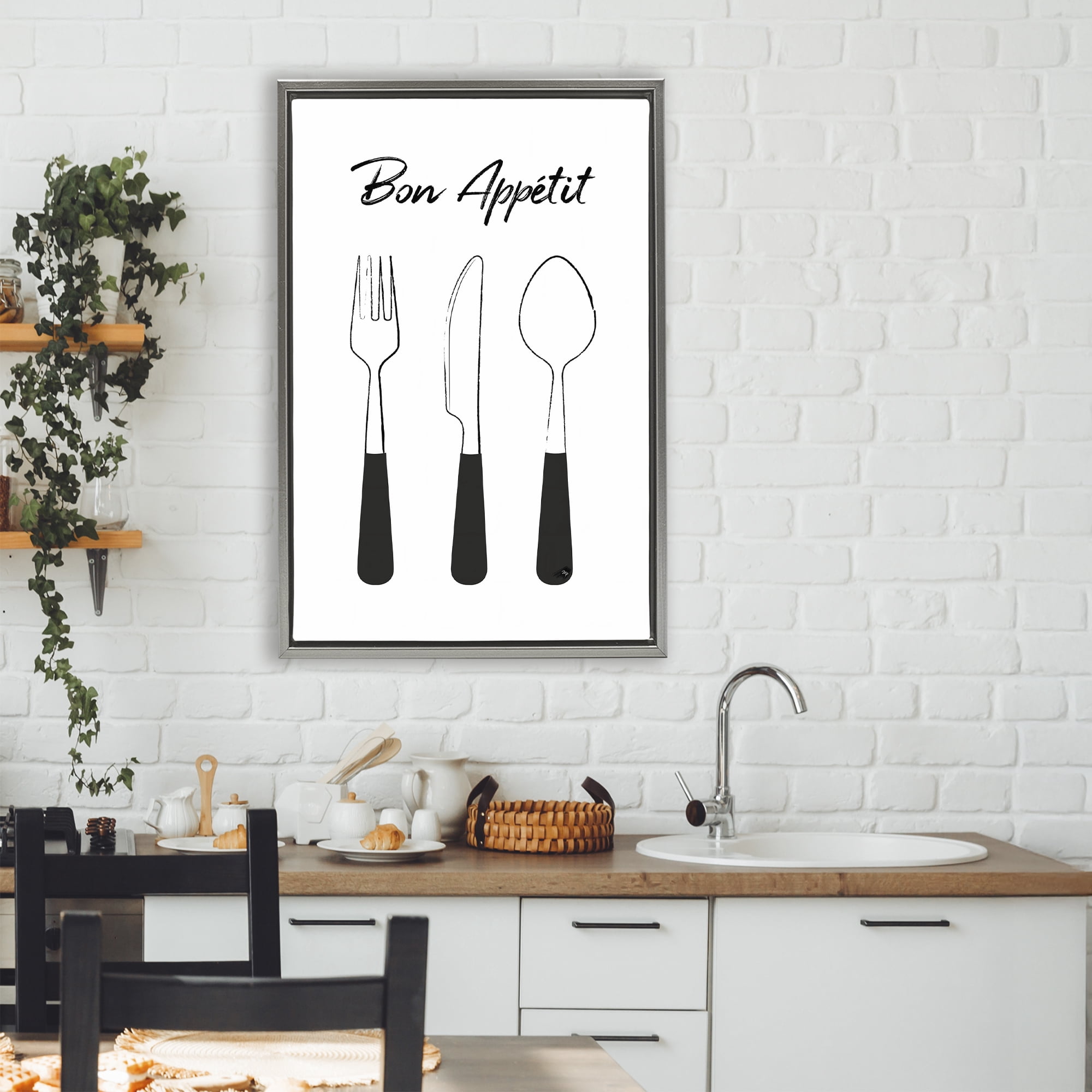 Stupell Industries Bon Appetit Fork Knife Spoon Gray Framed Floater Canvas Wall Art, design by Martina Pavlova