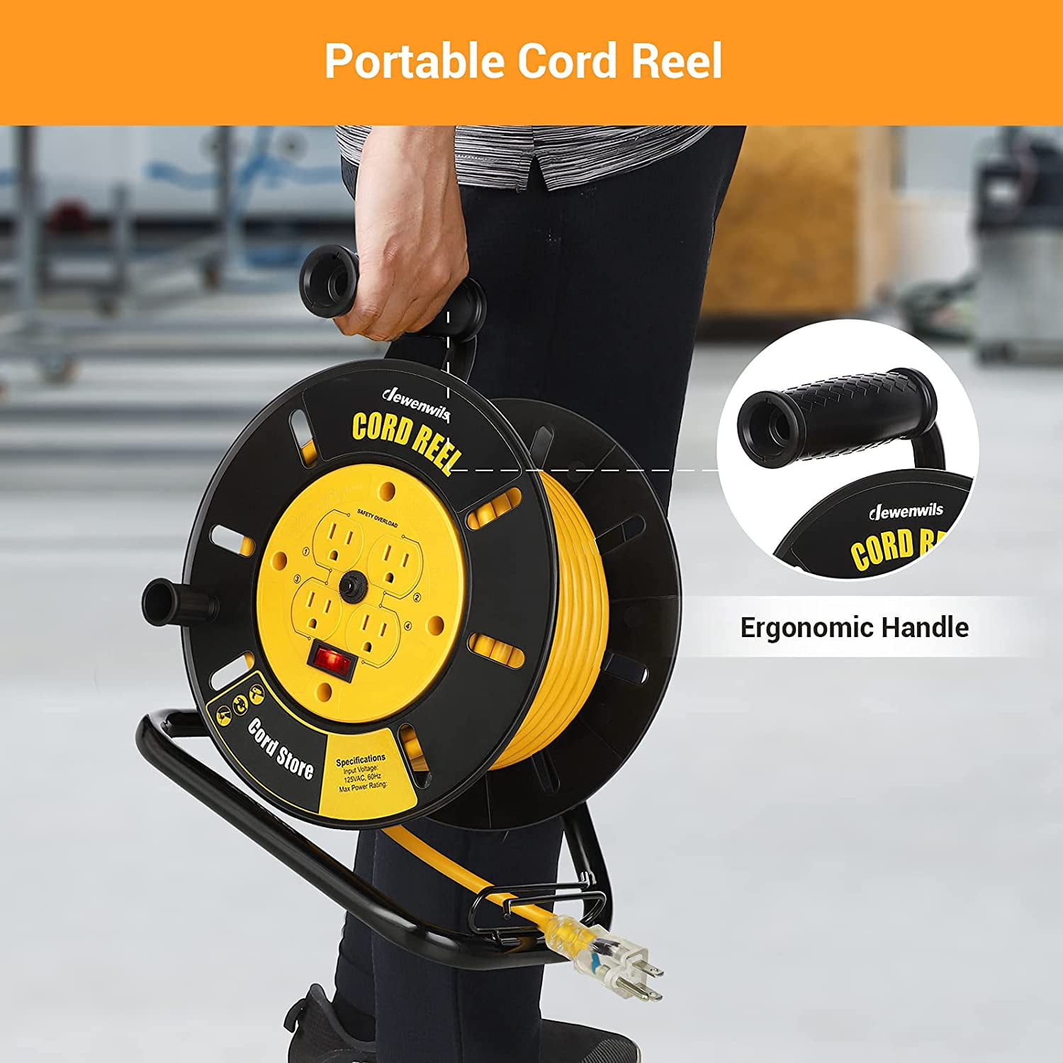 DEWENWILS Extension Cord Reel with 4-Grounded Outlets, Hand Wind Retractable