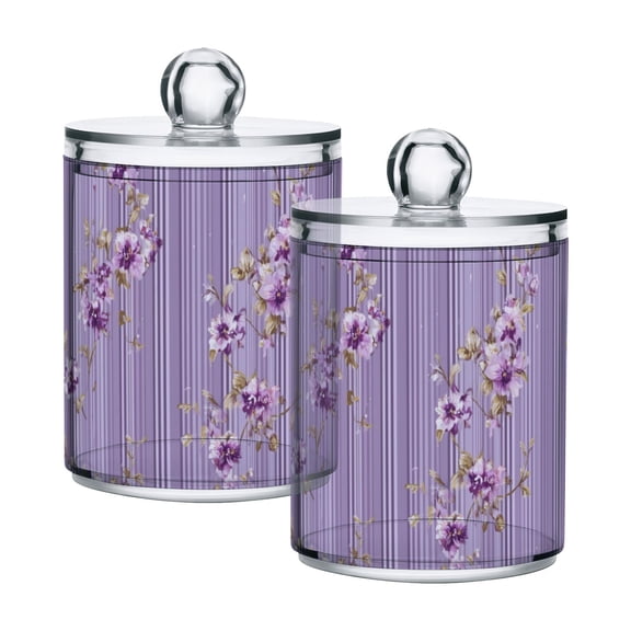 Purple Stripes with Purple Tiny Flowers Translucent Plastic Cans Storage Canisters with Lid Set of 2