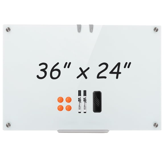 Costway 36 x 24 Inches Glass Whiteboard with Eraser, Removable Tray, 2 Markers, 4 Magnets