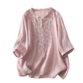 thumbnail image 2 of Holzkary Embroidered Cotton Linen Tops for Women 3/4 Sleeve Summer Boho Peasant Gauze Blouses Dressy Casual Bohemian Shirts Light Violet L, 2 of 7