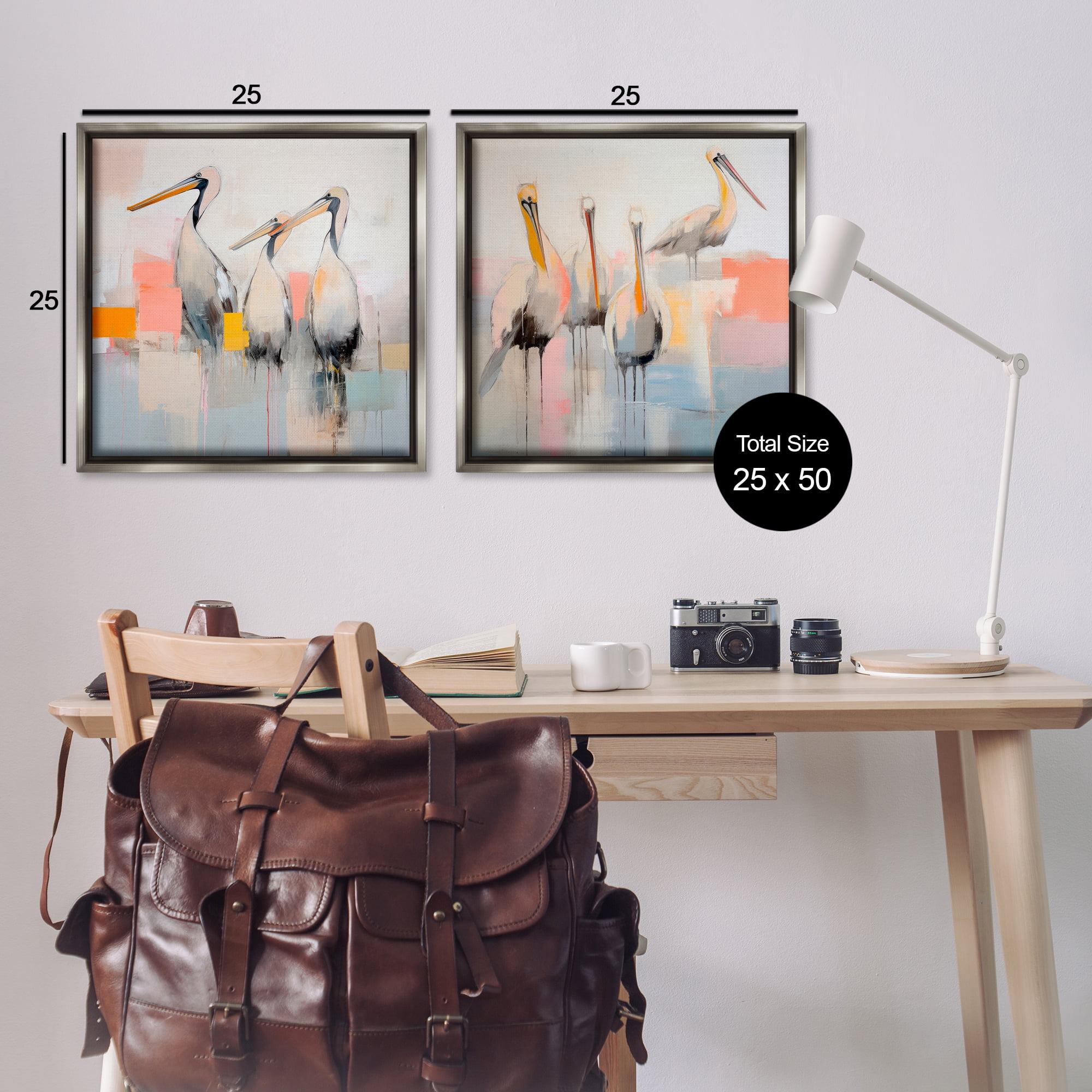 Stupell Industries Abstract Pelican Bird Animals Painting Gray Floater Framed Canvas Art Print Wall Art, 25 x 25, Set of 2