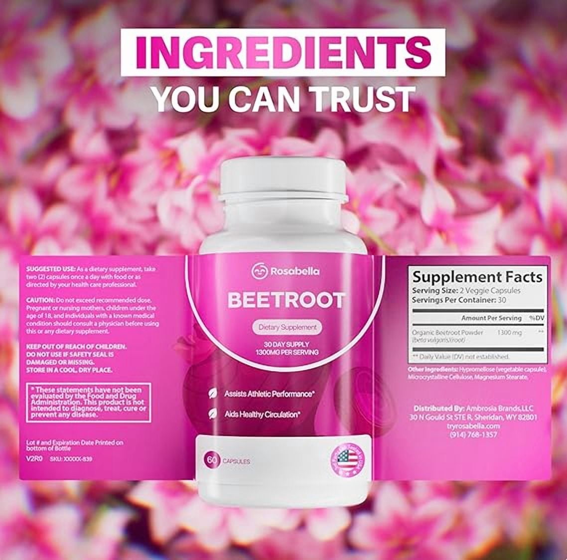 Rosabella Organic Beet Root Capsules - 1300mg Beet Root Powder Aids Healthy Circulation & Vitality, Non-GMO, Beet Root Supplement - 60 Capsules, 30-Day Supply