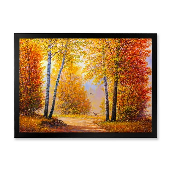 Designart 'Sunrise Glow Through The Autumn Trees' Lake House Framed Art Print