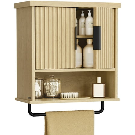 MAXE Bathroom Medicine Cabinet with Hanger, Wall Storage Cabinet with 2Doors and Shelves, Oak Beige