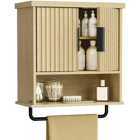 MAXE Bathroom Medicine Cabinet with Hanger, Wall Storage Cabinet with 2Doors and Shelves, Oak Beige