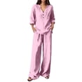 thumbnail image 2 of Guieoi Matching Outfits for Women Solid-Color Cotton-Linen Wide-leg Pants Set V-neck Button-down Long-sleeve Loose-fit Top + High-waisted Pants Two-Piece Set Pink XXL, 2 of 9