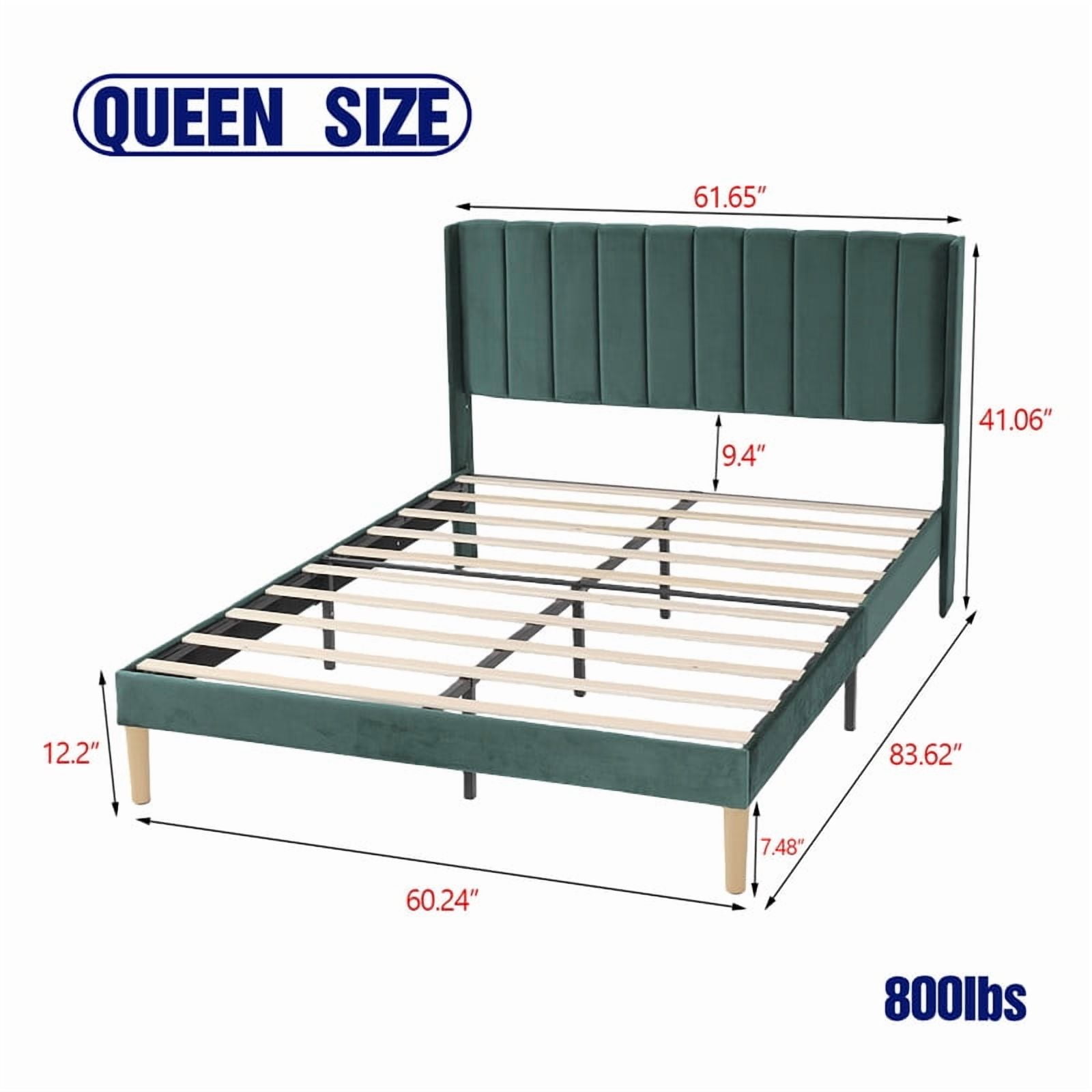 Caxkun Upholstered Platform Queen Size Bed Frame with Wingback headboard Wooden Slats Support,Green Velvet