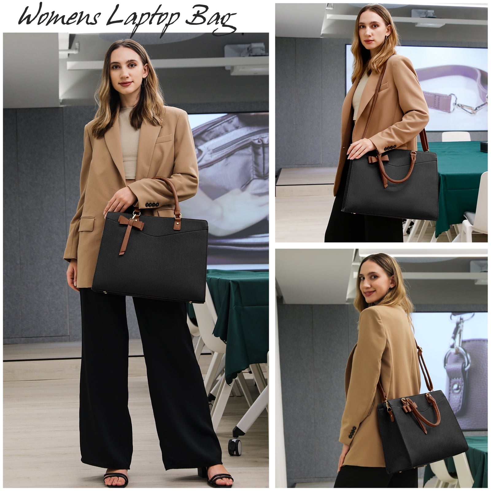 RAINSMORE Laptop Bag for Women 15.6 Inch PU Tote Bag Lightweight Business Office Handbag Work Bag Waterproof Shoulder Briefcase