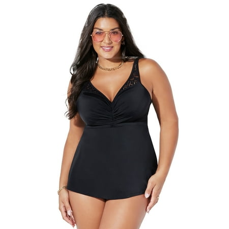 Swimsuits For All Women s Plus Size V Neck Crochet Relaxed Fit Bra Sized Crochet Underwire Tankini Top with Adjustable Straps