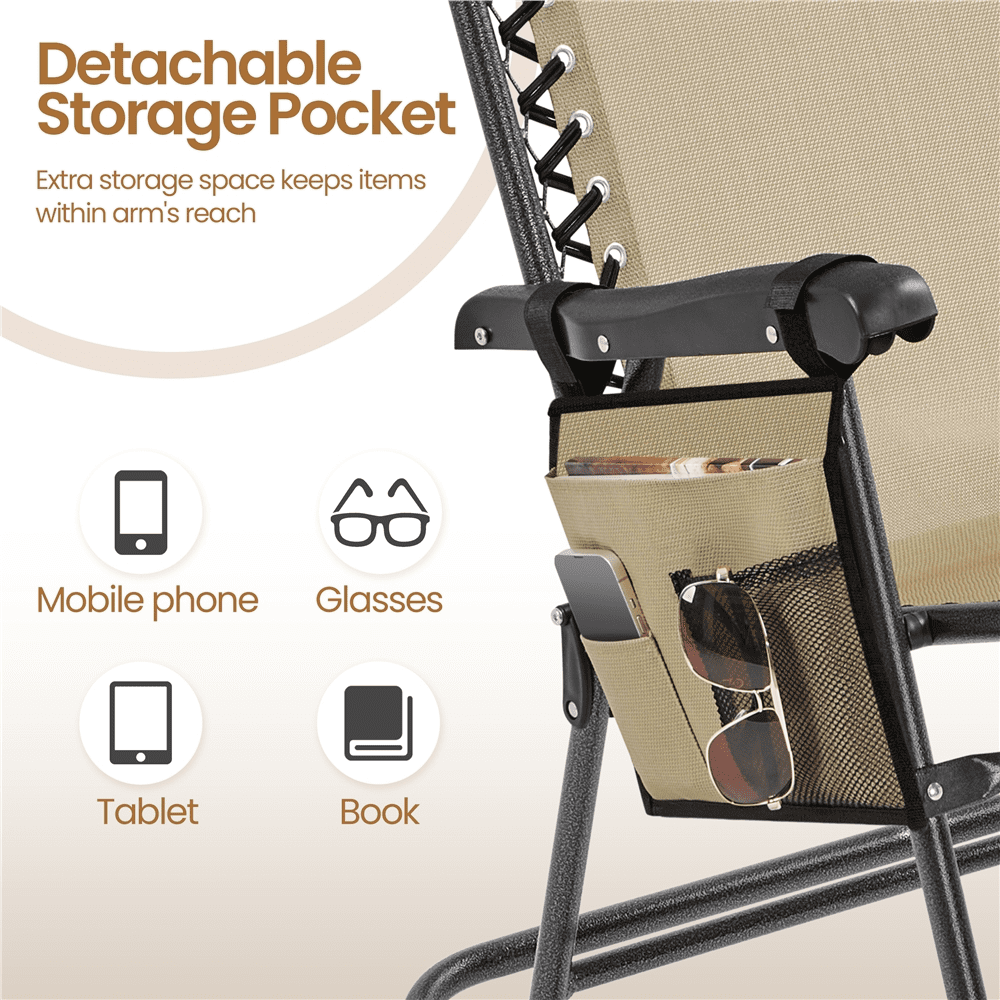 Alden Design 26in Foldable Rocking Lounge Chair with Cupholder/Pillow for Patio, Beige