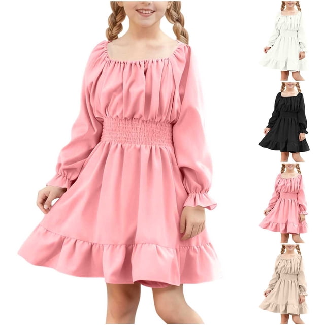 JDQJBZ Girls Short Sleeve Dress Neck Long Sleeve Ruffle Hem Solid Color for 4-13 Years