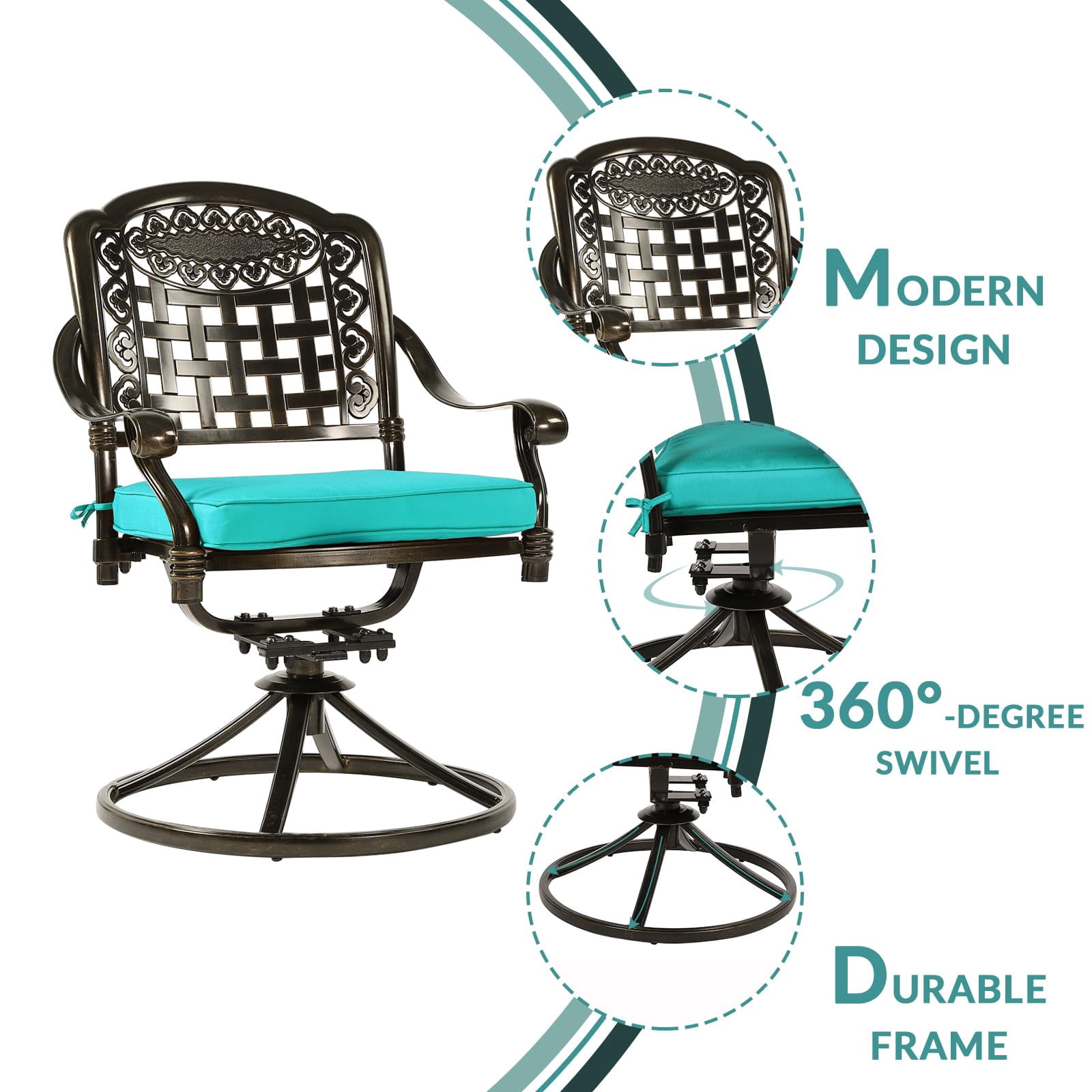 MEETWARM 2 Piece Patio Dinning Swivel Chairs Rocker, Outdoor All-Weather Cast Aluminum Chairs with Cushions, Patio Bistro Dining Chair Set for Garden Deck Backyard, Ocean Blue