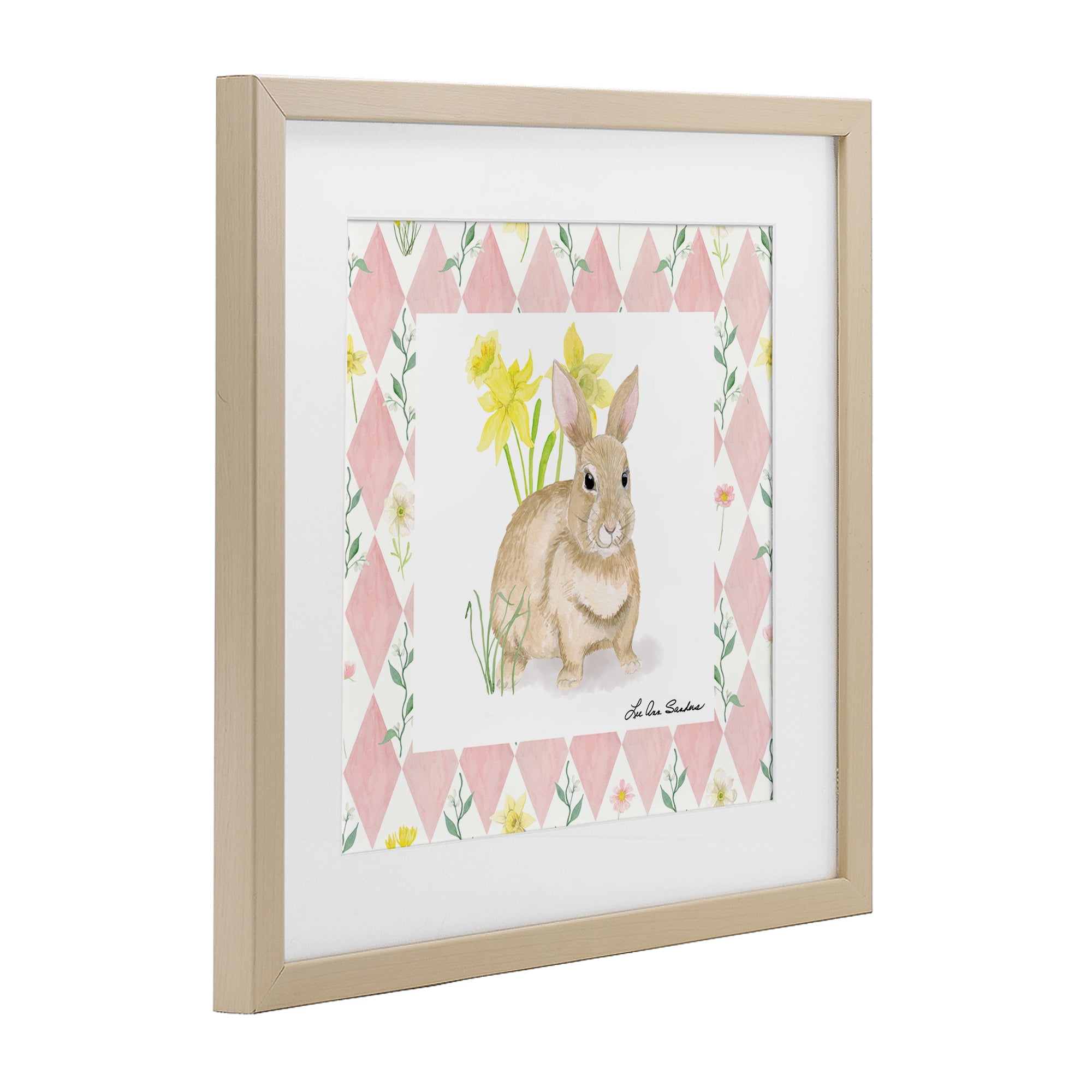 Bunny on Pink Argyle Birch Framed Print Under Glass, design by Lee Ann Sanders
