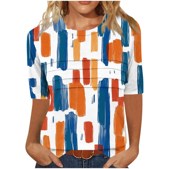 Pisexur Hauts pour Femmes, Hauts d'Été pour Femmes, Hauts de Sortie pour Femmes, Hauts pour Dames, T-shirt Mode Féminine Col Rond Plissé Manches 3/4 Ample Manches Courtes Orange,P