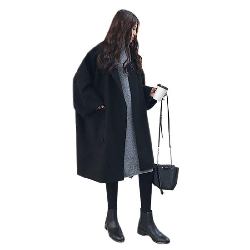 Women Autumn Winter Elegant Coat Midlength Lapel Solid Color Loose