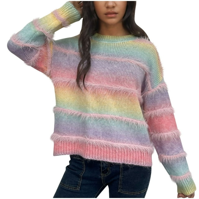 cfhntfmh Women's 2024 Fall Sweaters Long Sleeve Crewneck Thermal Knit Gradient Color Loose Pullover Tops