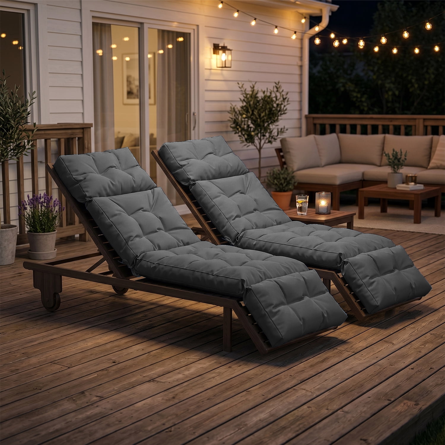 BaPiPro Set of 2 Upgraded 4-Segment Chaise Lounge Cushions, All-Weather Tie Fastened Pads with Plush PP Cotton, for Patio, Poolside & Balcony, Gray