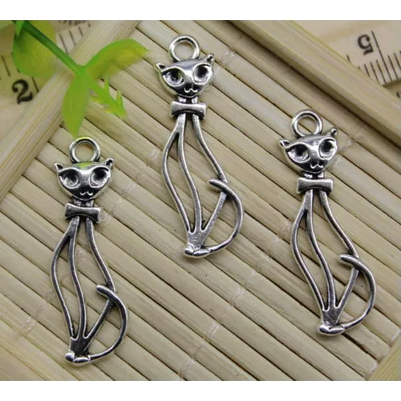 U8MO Lot 30/60pcs retro Jewelry Making lovely cat alloy charm pendant DIY 34x11mm-ancient silver-30pcs