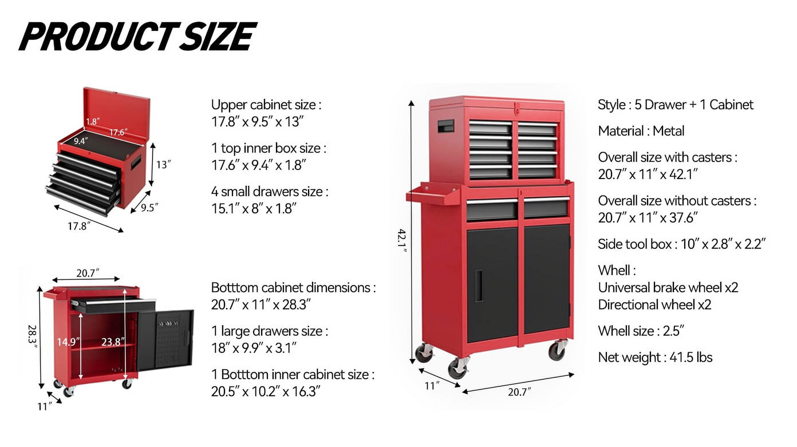 Seizeen 42''H Metal Tool Cart Rolling Tool Chest with 5 Drawers, Lockable Tool Box Garage Storage with Detachable Top, Hooks