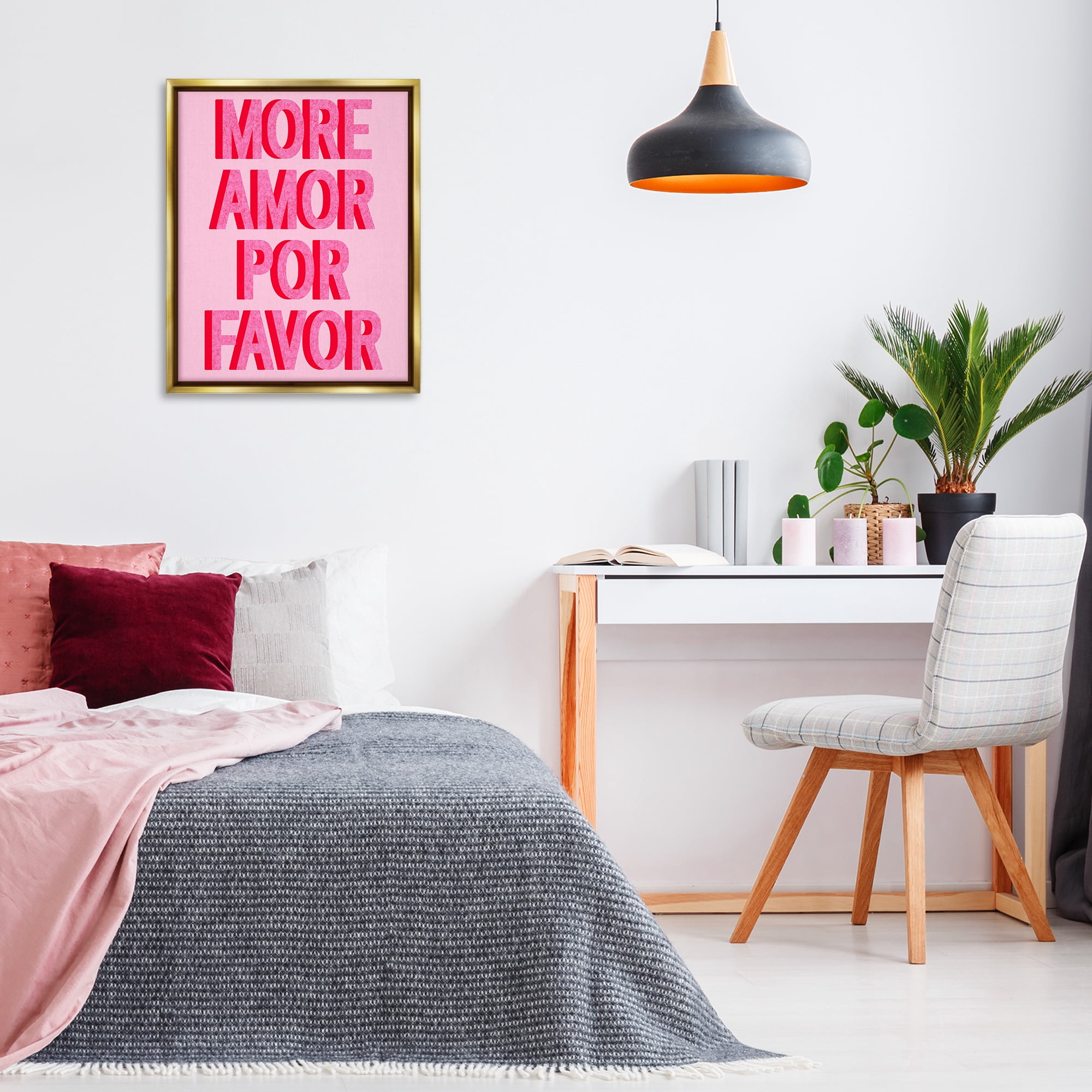 Stupell Industries Pink More Amor Typography Painting Gold Floater Framed Art Print Wall Art, 25 x 31