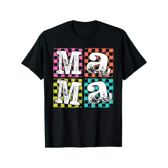 MAWOTEA Mother's Day Gift Best Mom Ever Vintage-Inspired T-Shirt - 100% Cotton, Short Sleeve, Crew Neck, Casual Fit - Colorful "MAMA" Letter Print with Checkered Patterns S-3XL