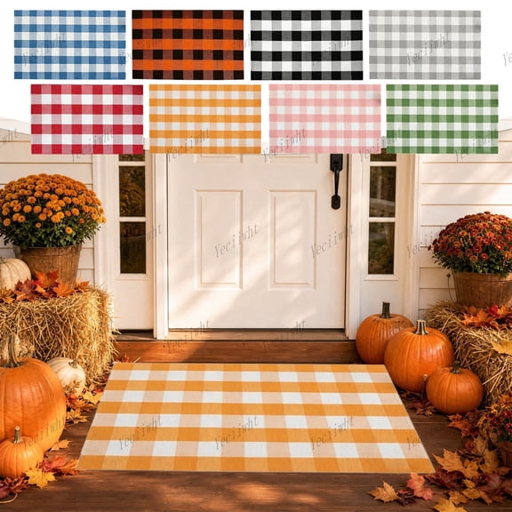 Yeciiwht Thanksgiving Plaid Doormat – 20*32in Holiday Decor Entryway Rug, Washable Front Door Mat Durable Welcome Mat for Porch & Patio Decor