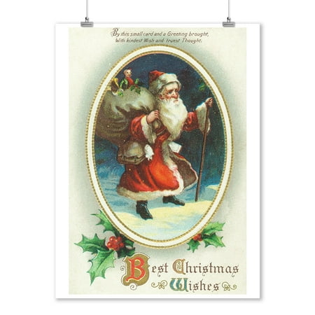 Best Christmas Wishes Scene with Santa Holding Big Bag (9x12 Art Print, Wall Decor Travel