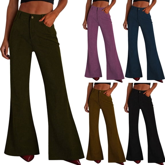 FRSASU Corduroy Pants for Women High Waisted Stretchy Flare Pants Casual Wide Leg Bell Bottom Trousers with Pockets Purple