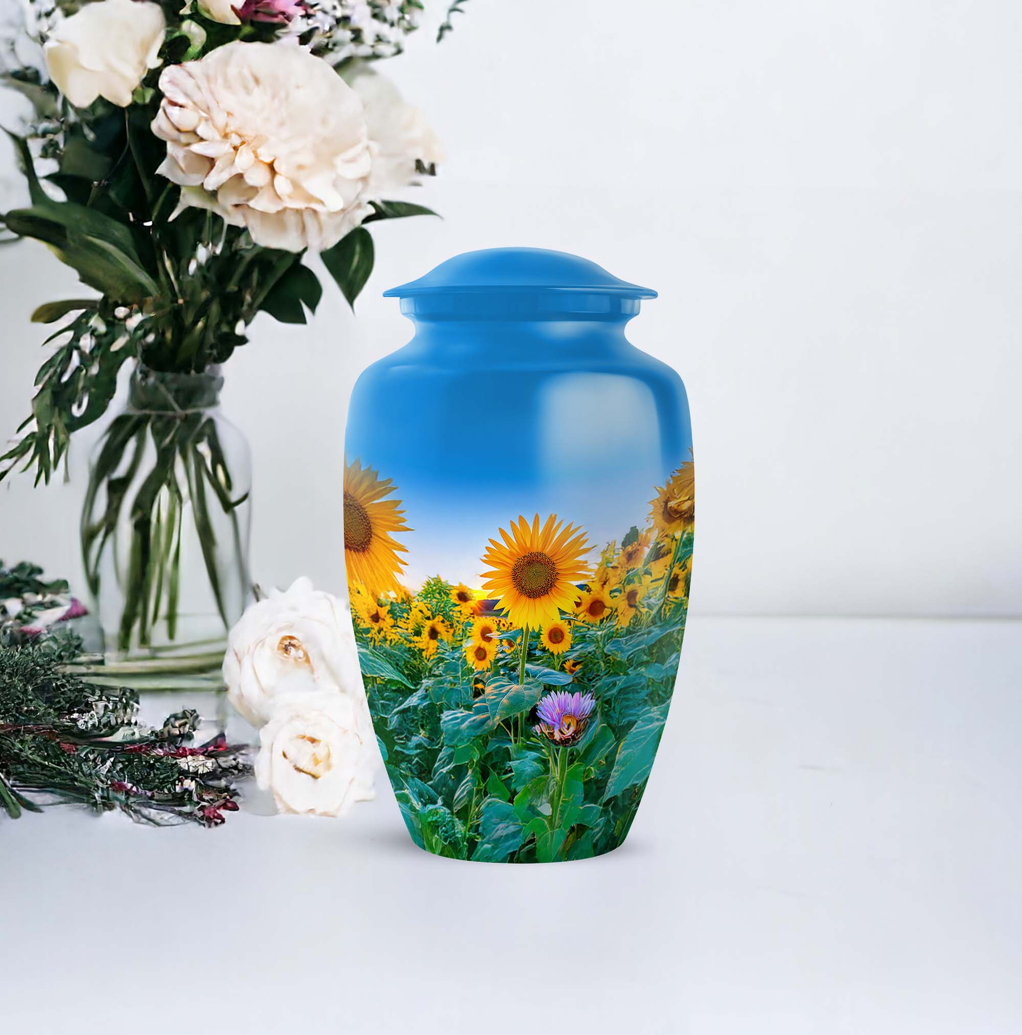 Sunflower Cremation Urns For Ashes For Women, Blue Decorative Urn For Ash Adult Male - 10 Inch, Large Urns For Human Ashes Adult Man, Sunset Burial Urn For Home Or Ceremony