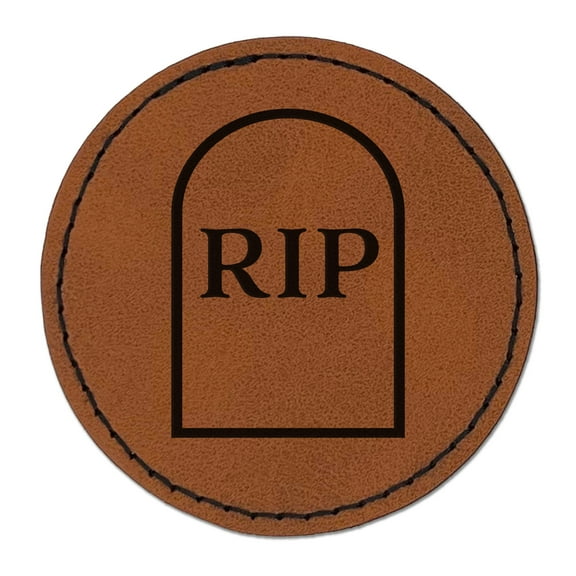 Tombstone RIP Halloween 2.5" Faux Leather Round Engraved Iron-On Patch - Brown