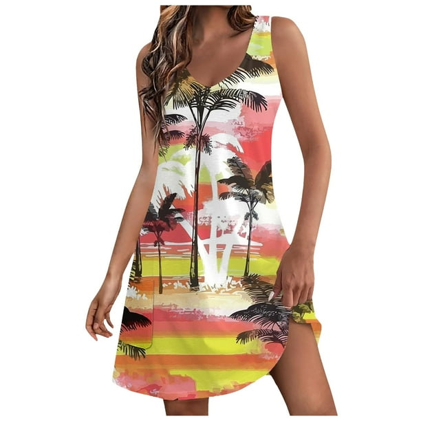 MKLEKYY Trajes De Baño Mujer Short Womens Summer Dresses 2024 Loose V Neck Sleeveless Swimsuit Coverup With Pockets Floral/Plain/Eyelet